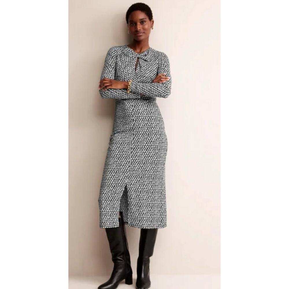 Boden Empire Knot Midi Jersey Dress Strech Black Lily Sprig Long Sleeve 16-18R